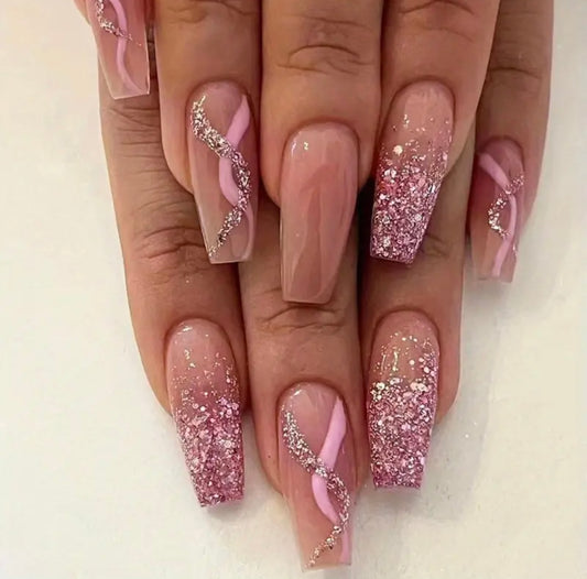 Pink Glitter Swirl False Nails