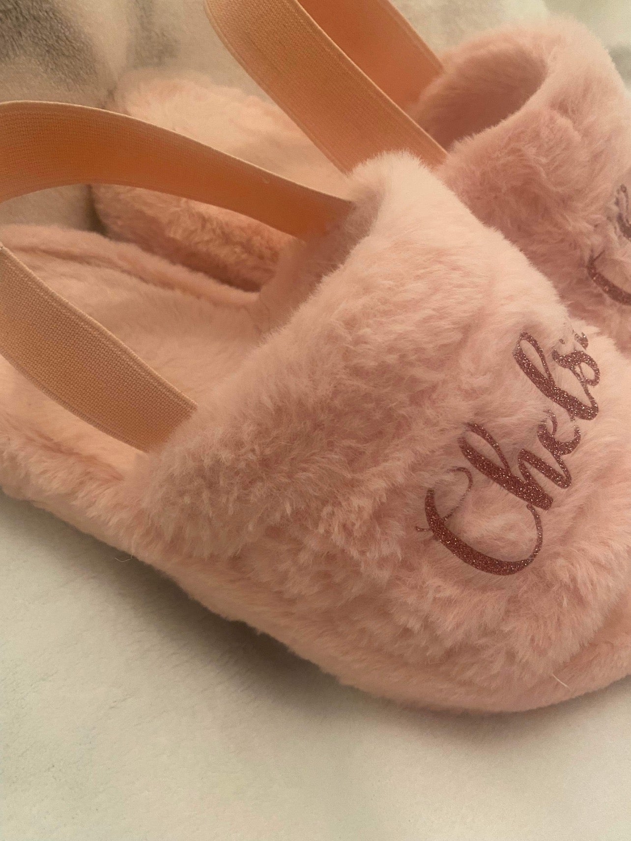 Pink fluffy personalised slippers with heel strap - Archie’s Kingdom