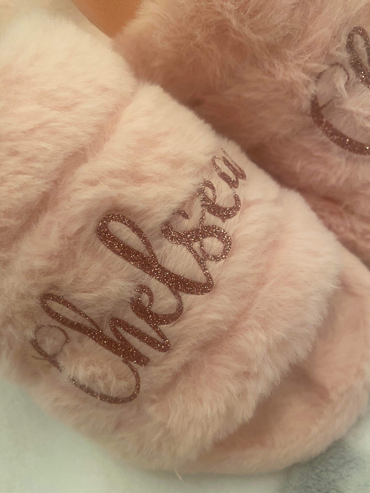 Pink fluffy personalised slippers with heel strap - Archie’s Kingdom