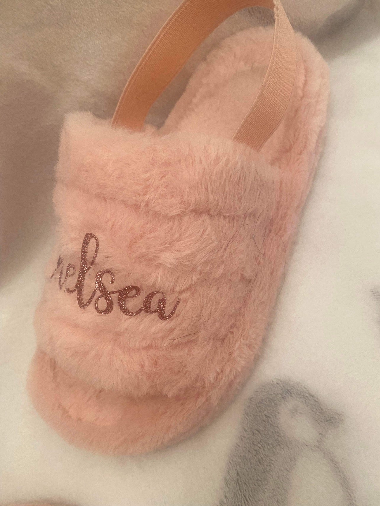 Pink fluffy personalised slippers with heel strap - Archie’s Kingdom